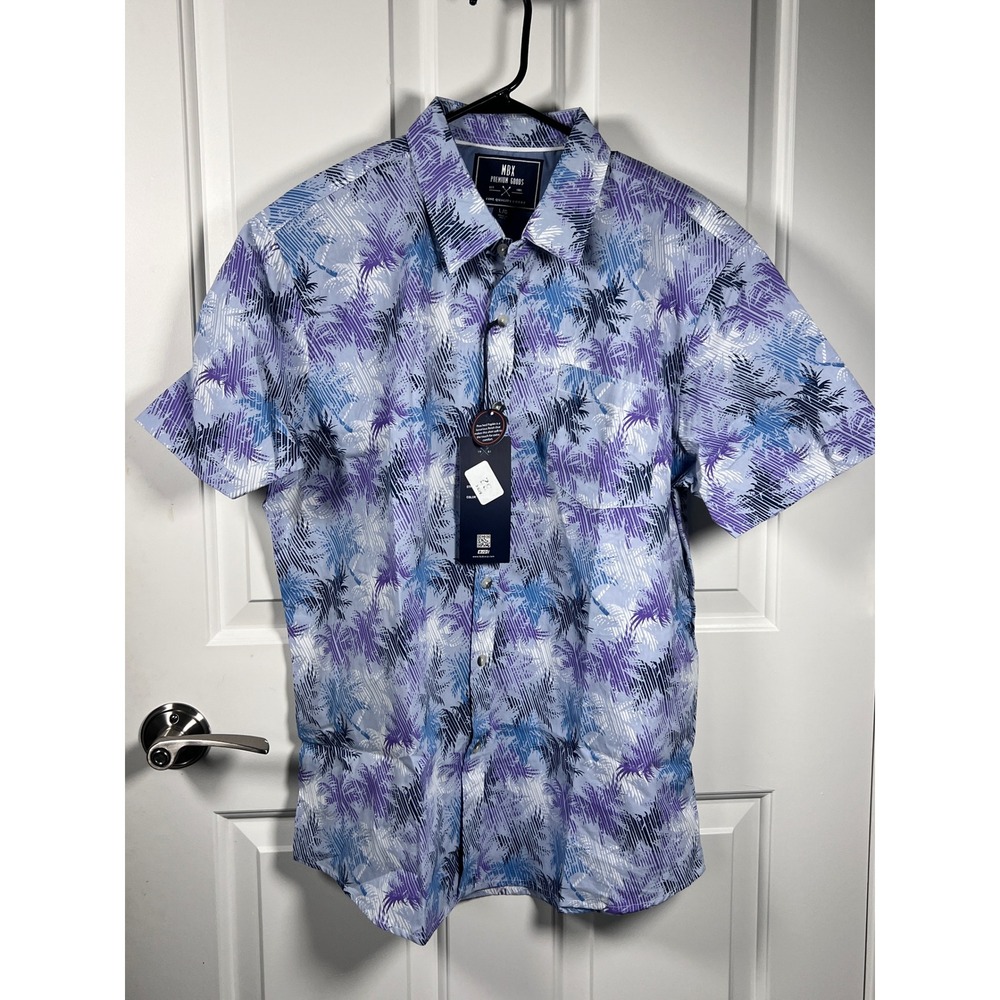 MBX Premium Goods Mens Blue Purple Palm Tree Tropical Short Sleeve Button Down L